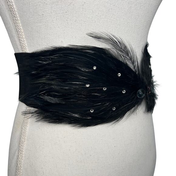 Vintage 90s Size Medium Large Black Feather Rhinestone Belt Wide Stretch Cinch main image 11